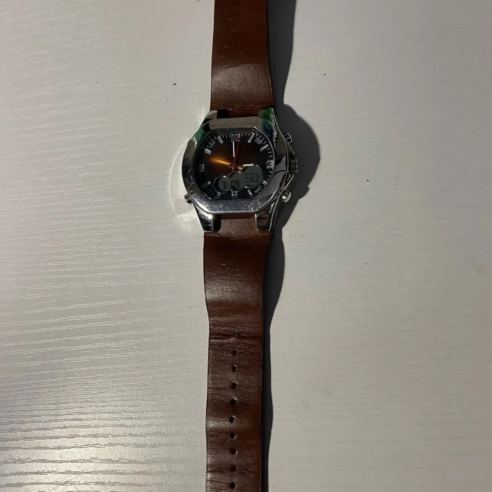 Brown Leather Strap Silver Watch--Analog hands not working
